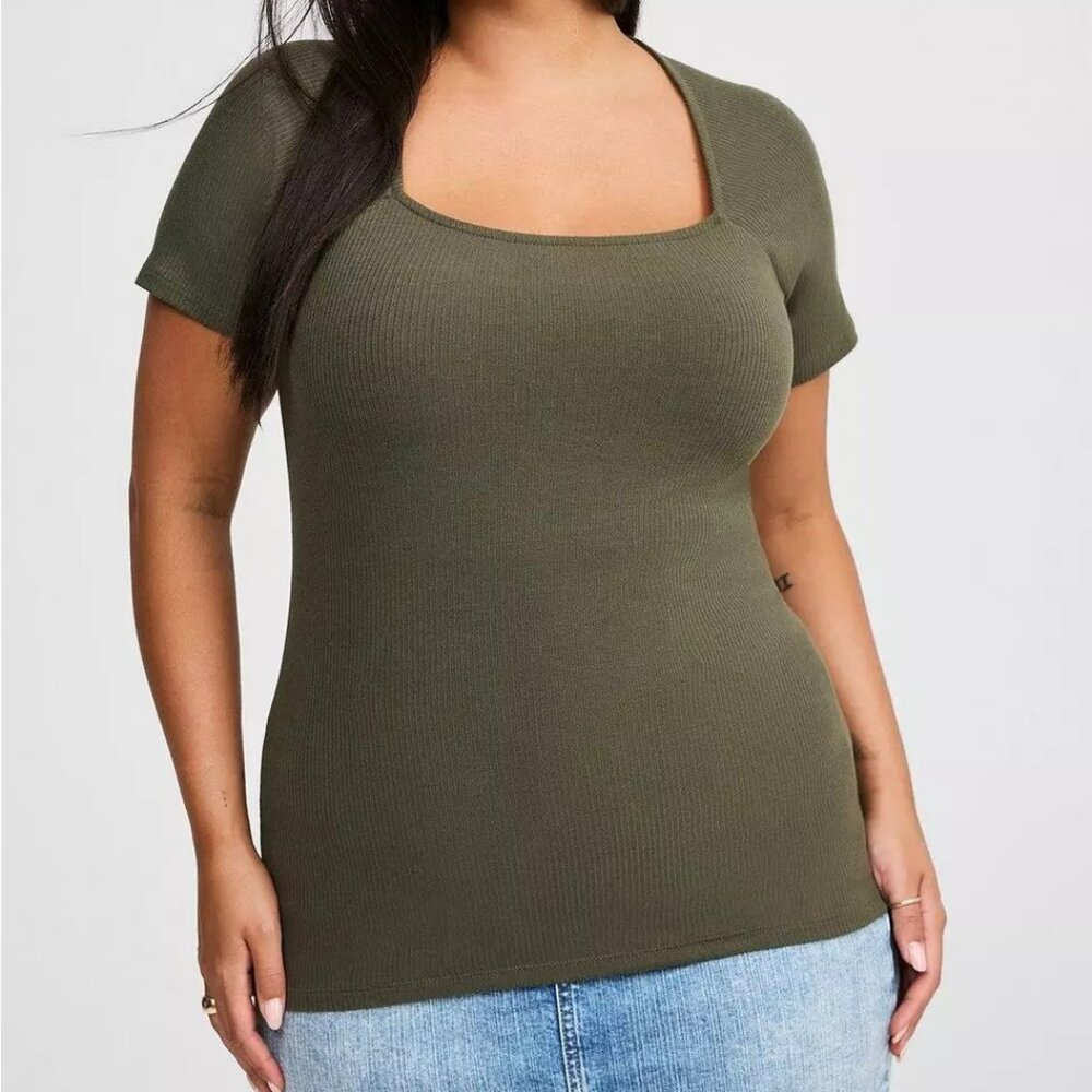 Torrid "Super Soft" Ribbed, Fitted Square Neck Top In Olive Green